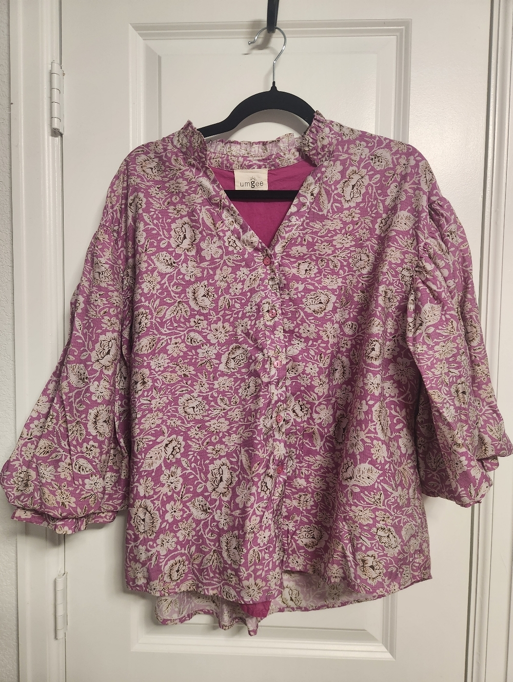 Umgee Floral Button Front Blouse with Puffy Sleeves